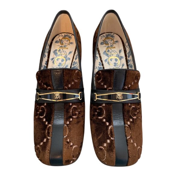 GUCCI Velvet GG Logo Block Heel Brown Square Toe Mules Loafers Flats Cat \\ 37 - Picture 3 of 13